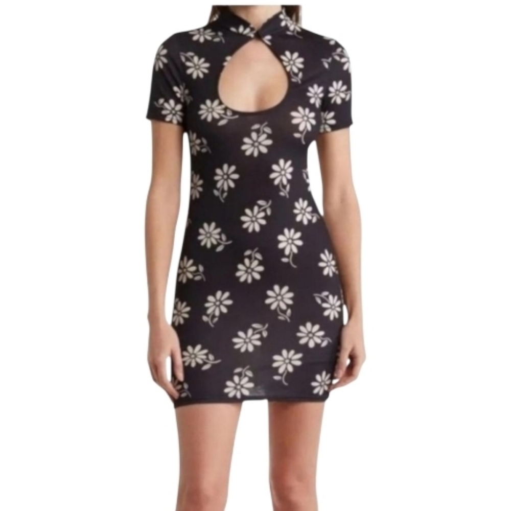 ASOS DESIGN Keyhole Cutout Daisy Mini Dress Black 8 Bodycon Floral Mock Neck